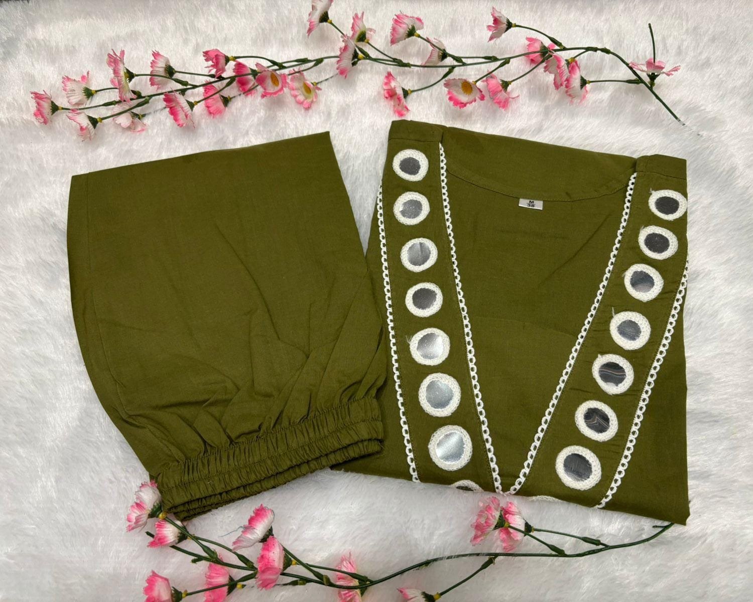 Green Cotton Kurti Pant Set with Mirror Embroidery